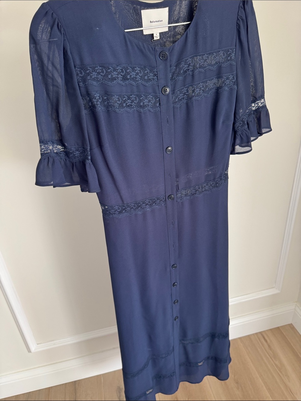 Reformation Navy Lace-Trim Button-Front Midi Dress